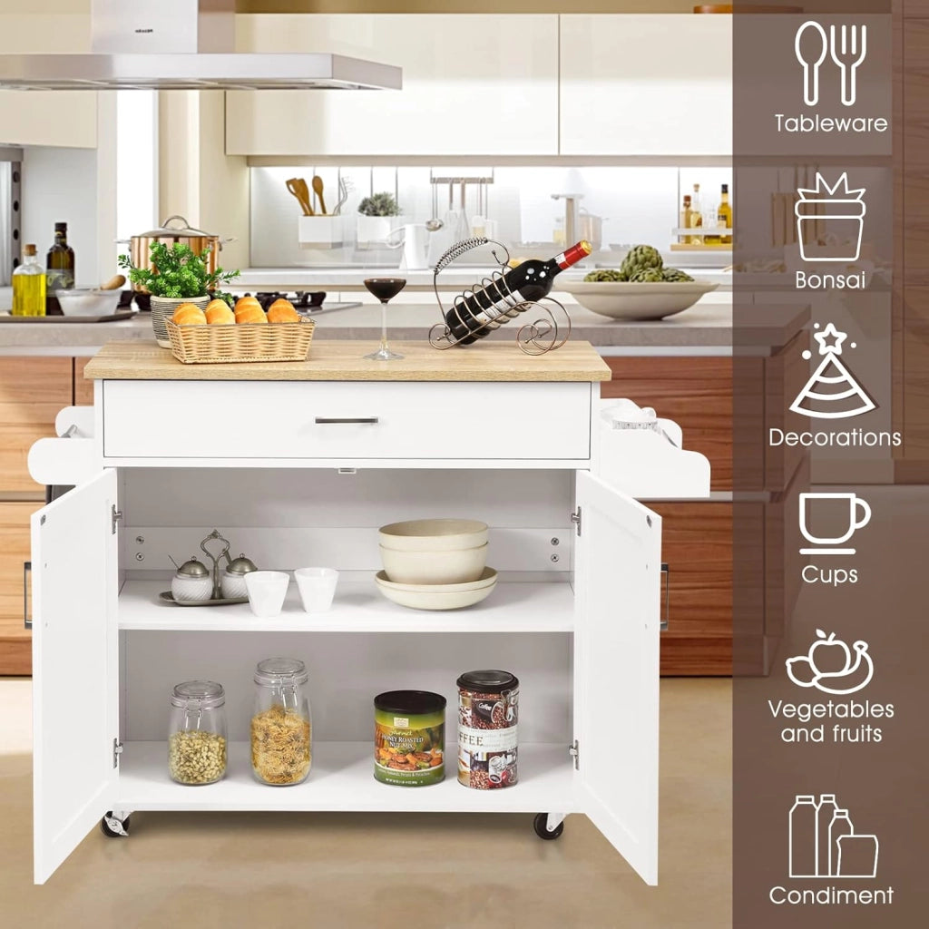 Carrello da Cucina, Credenza Mobile con Cassetto, Anta Doppia, Portaspezie e Portasciugamano, Ripiani Regolabili, Ruote con Freni, Portata di 50 kg, 116x40x85 cm, 4 Colori (bianco)