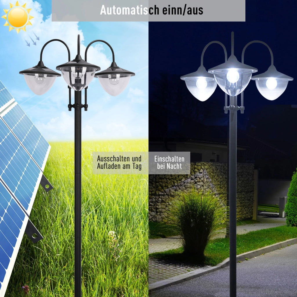 Lanterna Solare Da Giardino Tre Teste 60 X 55 X 189 Cm Plastica Nera Con Base Portavaso E Interruttore