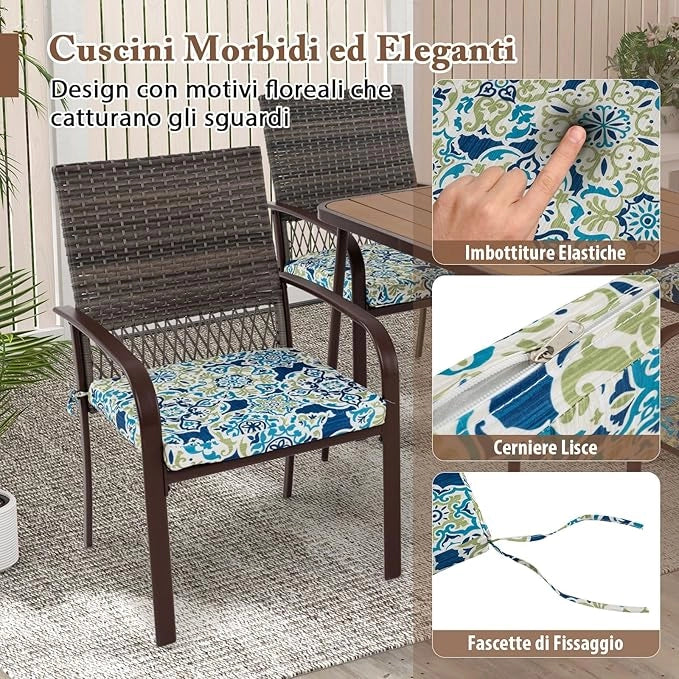 Set 5 Pezzi Tavolo e Sedie da Esterno, Tavolo Quadtato con Piano in Legno Plastica e Foroe per Ombrellone e 4 Poltrone in Rattan con Cuscini, Mobile per Giardino, Terrazza e Bordo Piscina