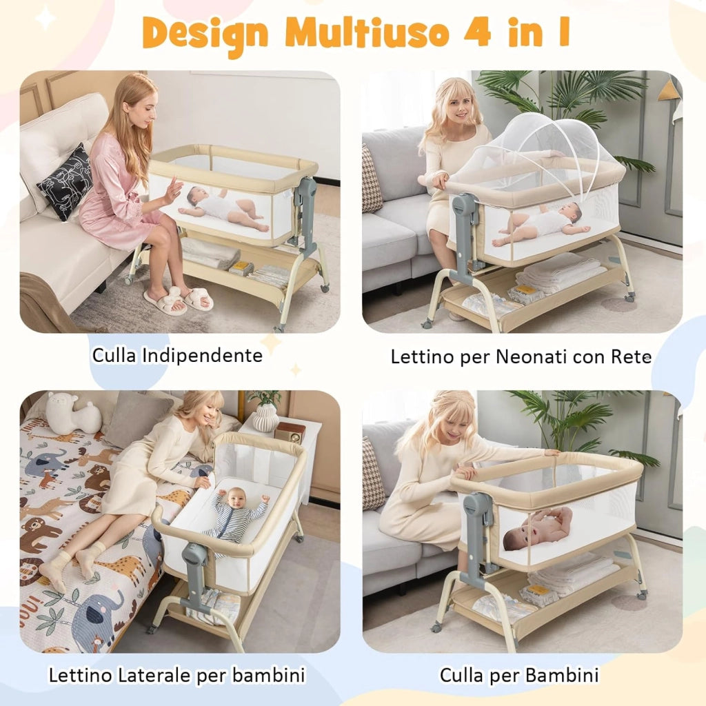 Culla Neonato Fianco 4 in 1, Culla Co-sleeping con Spondina Aperto, Altezza Regolabile, Inclinabile, Materasso Ruote Borsa da Viaggio Zanzariera Inclusi, 0-6 Mesi Fino a 9 kg (Beige)