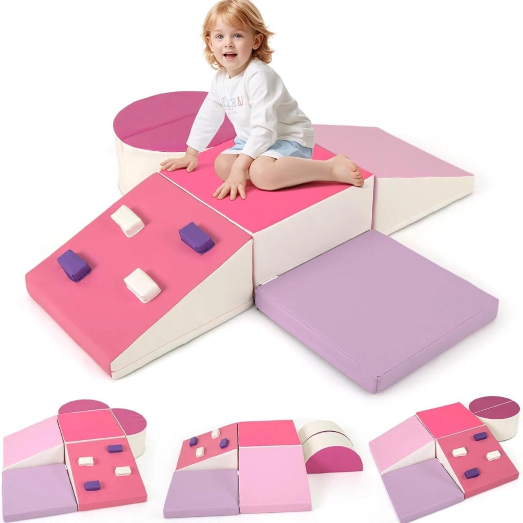 Set di blocchi da arrampicata in schiuma da 6 pezzi, Set di arrampicata morbido leggero per interni con chiusure a velcro Rosa-Giocattoli educativi