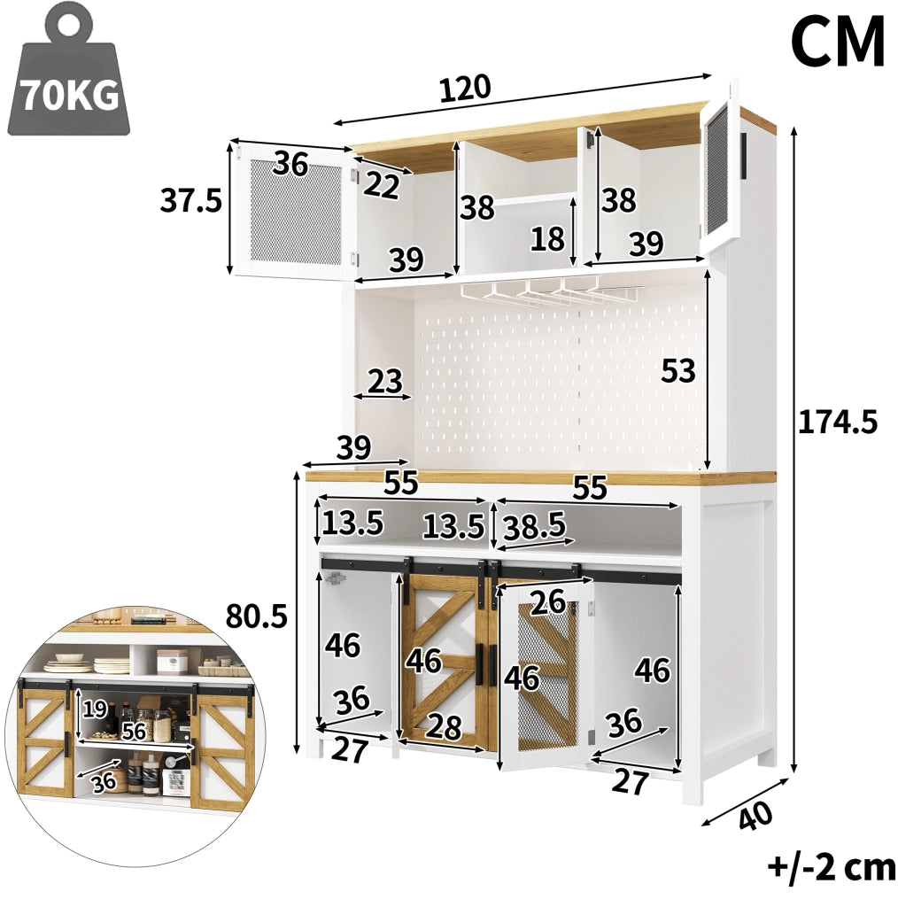 Credenza alta 120x40x174.5 cm con porte scorrevoli e a battente; illuminazione LED; MDF; bianco