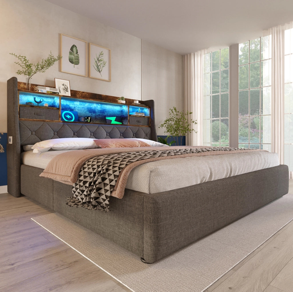 Letto contenitore 160x200 con LED, USB e testiera con ripiani grigio