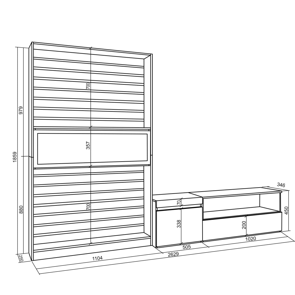 Mobile TV, Soggiorno, 260x35x186cm, Per TV fino a 65", Camino elettrico, colore Rovere e nero RF3158