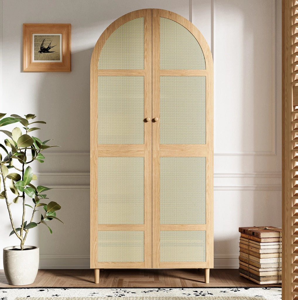 Armadio con ante curve; asta appendiabiti e cassetti; 80x50x179 cm; naturale