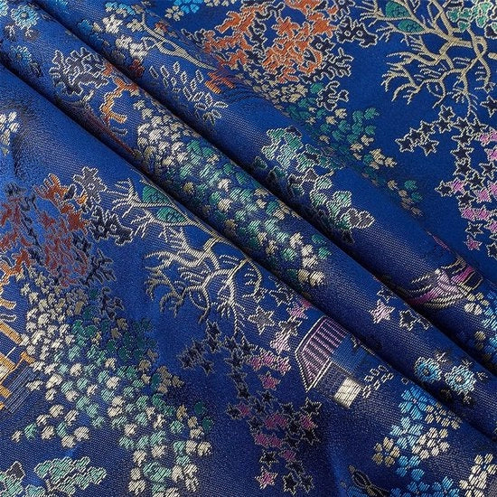 Tessuto broccato 1x1.5m - Poliestere - Jacquard - Blu scuro - Disegno giardino - Lusso