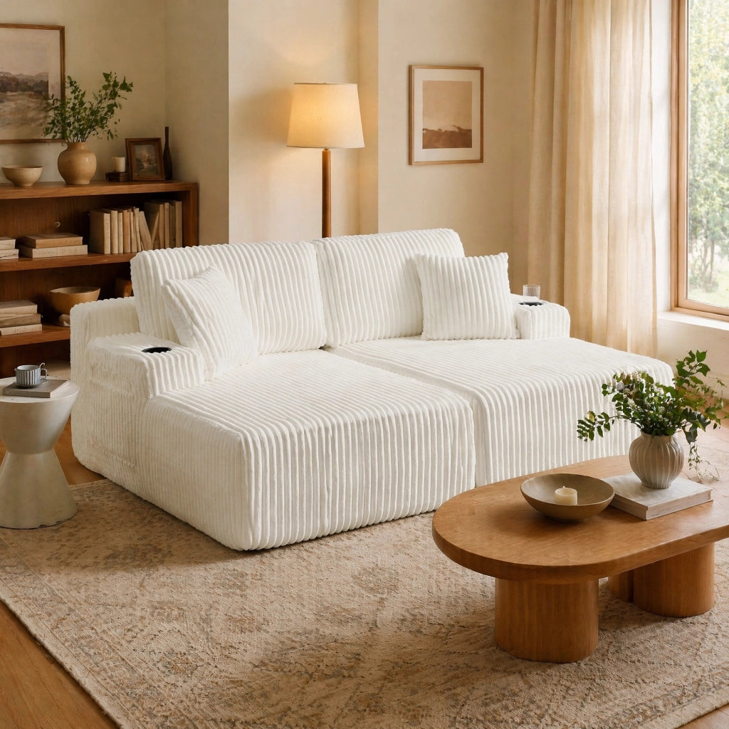 Divano letto 2 posti con tasca laterale e portabicchieri in tessuto a coste, Beige
