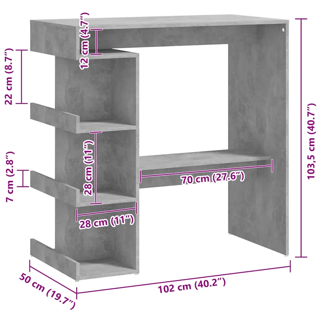 Tavolo Bar con Ripiani Grigio Cemento 100x50x101,5cm Truciolato 809453