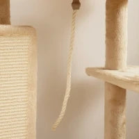 Albero per Gatti Multilivello Alto 132 cm con Casetta, Lettino, Pali Tiragraffi, Spazzola e Pallina, Beige