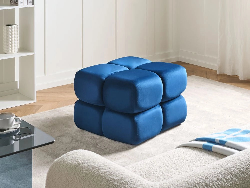 Pouf quadrato in tessuto vellutato blu scuro elemento d'arredo moderno per salotto o camera da letto