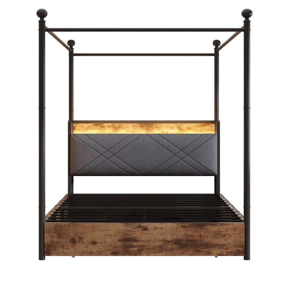 Letto Matrimoniale Contenitore con Baldacchino ¨C MINIMAL ¨C Nero, LED, USB, 3 Cassetti, 140x190