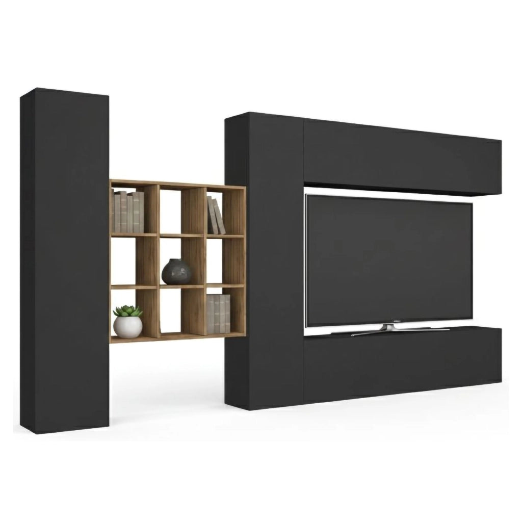Parete attrezzata Agira, Set salotto porta TV a 4 ante, Mobile soggiorno multiuso, 100% Made in Italy, cm 350x30h180, Antracite