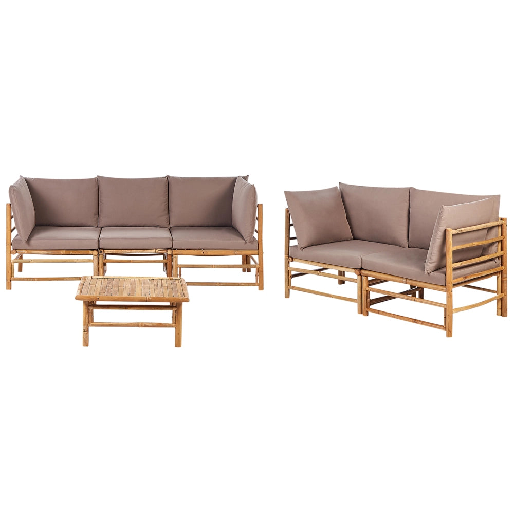 Set da giardino modulare con divani a 3 posti e a 2 posti e tavolino in bambù naturale con cuscini tortora esterno elegante