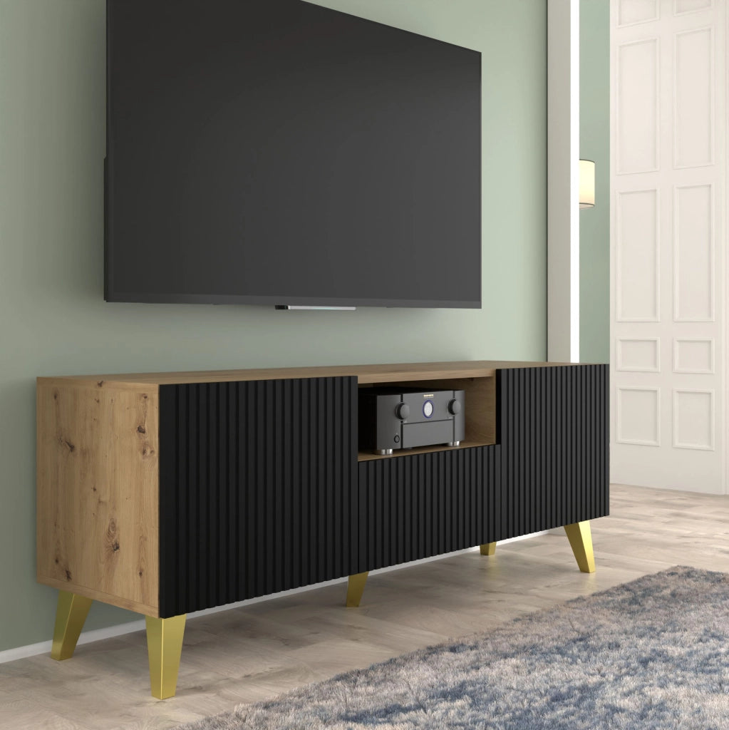 MOBILE RAVENNA PB PORTA TV IN MDF RIVESTITO IN FOGLIO 150 2D1S ROVERE ARTIGIANALE NERO OPACO GAMBE DORATE