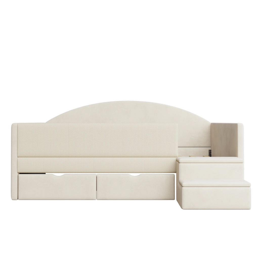Letto imbottito 90x190 cm con cassetti e gradini in velluto beige