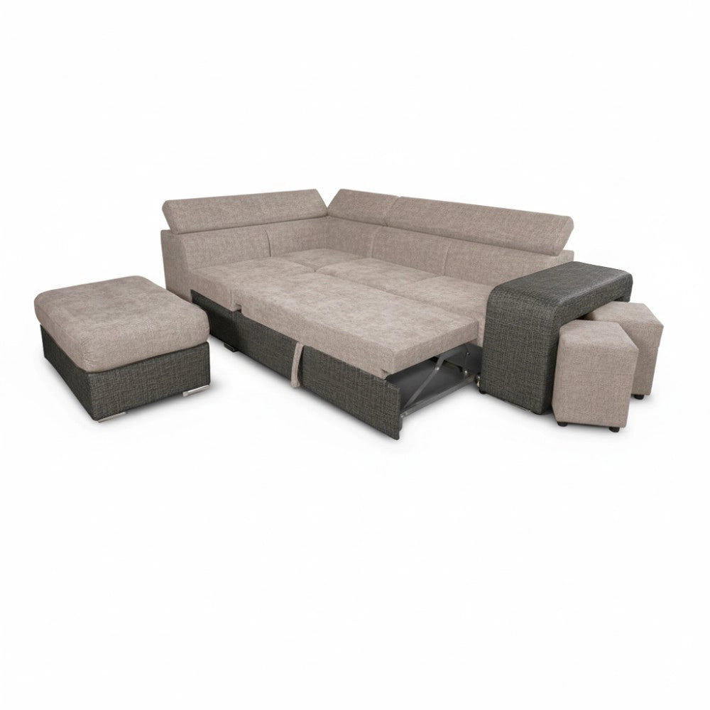 Divano Letto Angolare Sophie con Penisola Sinistra, 2 Pouf Estraibili e Pouf Contenitore – Tortora e Grigio Scuro