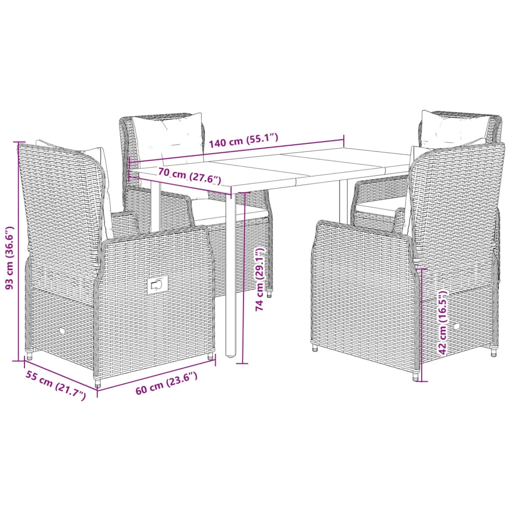 Set da Pranzo da Giardino 5 pz Nero con Cuscini in Polyrattan 3262835