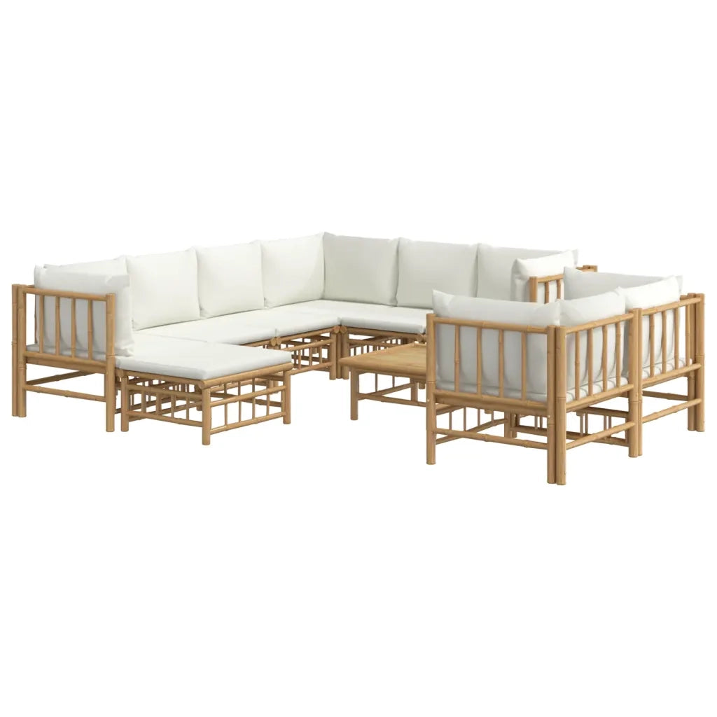 Set Salotto da Giardino 10pz con Cuscini Bianco Crema in Bambù 3155192