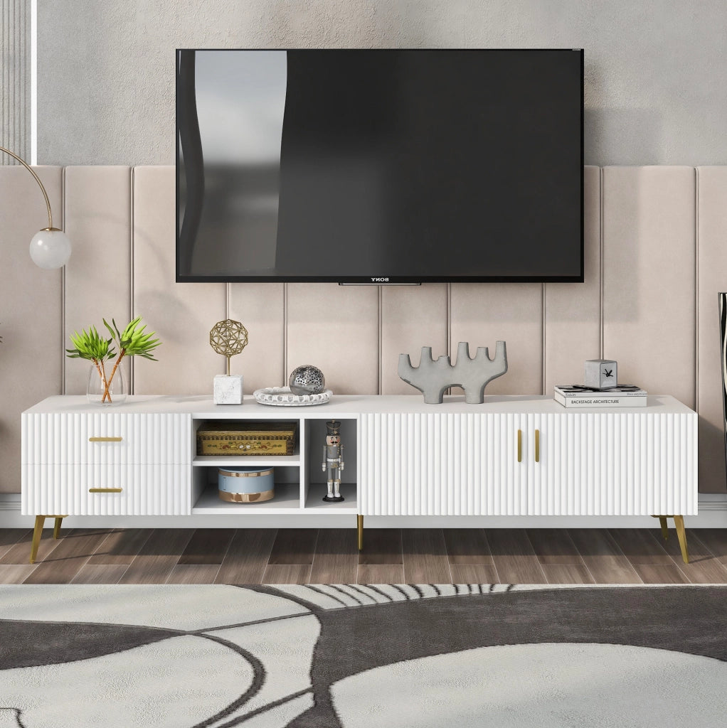 Mobile TV moderno bianco in MDF 180×35×41 cm con 2 cassetti e 2 ante