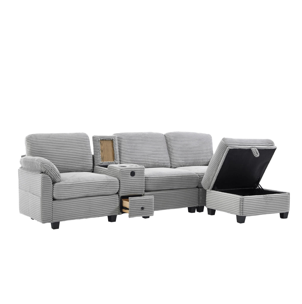 Divano in velluto a coste 266x136x82 cm con pouf contenitore; USB-C e console scorrevole grigio chiaro