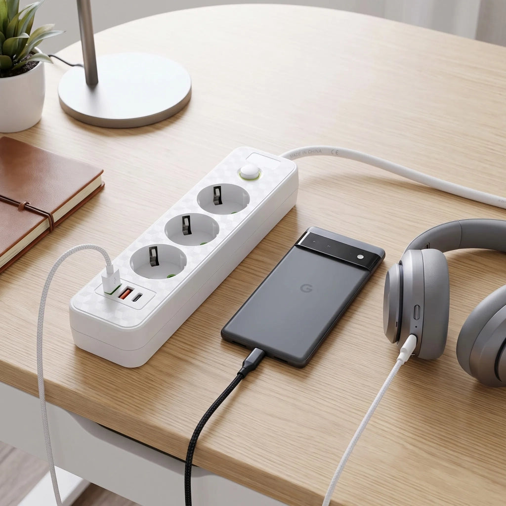 Multipresa Con Prolunga, 3 Prese + 2 Porte Usb-a + Usb-c Jnh020-3a White