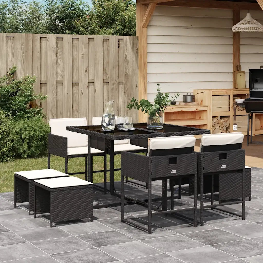 Set da Pranzo da Giardino 9 pz | Set Salotto da Giardino con Cuscini Nero in Polyrattan