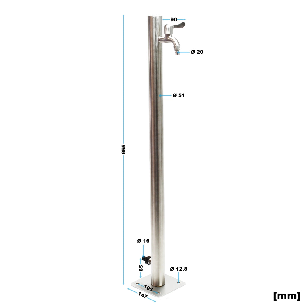 Fontanella a colonna in acciaio inox 95,5cm rotonda con rubinetto e raccordo Resistente a UV e gelo