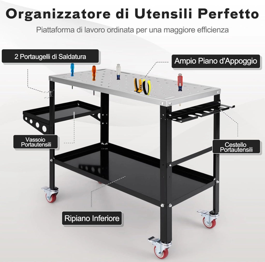 Tavolo da Lavoro, Banco da Lavoro con Supporto per Attrezzi e Vassoio, Fori per Fissaggio, 8 Slot per Attrezzi e Portabocchette per Saldatura, con Ruote, Capacità di Carico 540 KG (Modello 1)