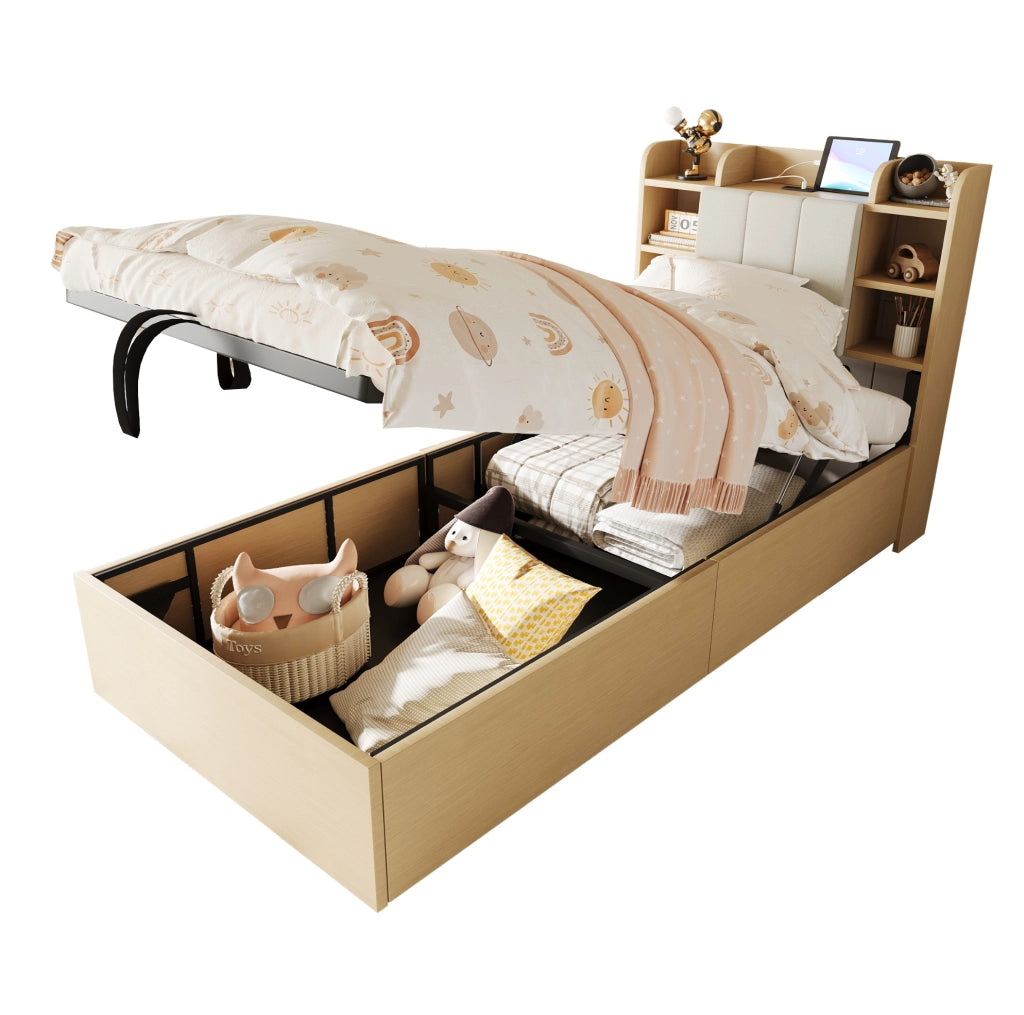 Letto singolo 90x200 cm con sollevamento idraulico; testiera con vani portaoggetti e prese USB Type-C; effetto legno naturale