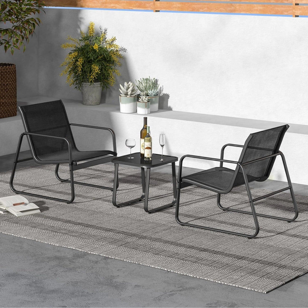 Set Tavolino e Sedie da Giardino, Set Bistrò 3 Pezzi, Set da Giardino in Metallo e Tessuto Textilene, Tavolino in Vetro Temperato, per Giardino, Cortile, Bordo Piscina (Nero)