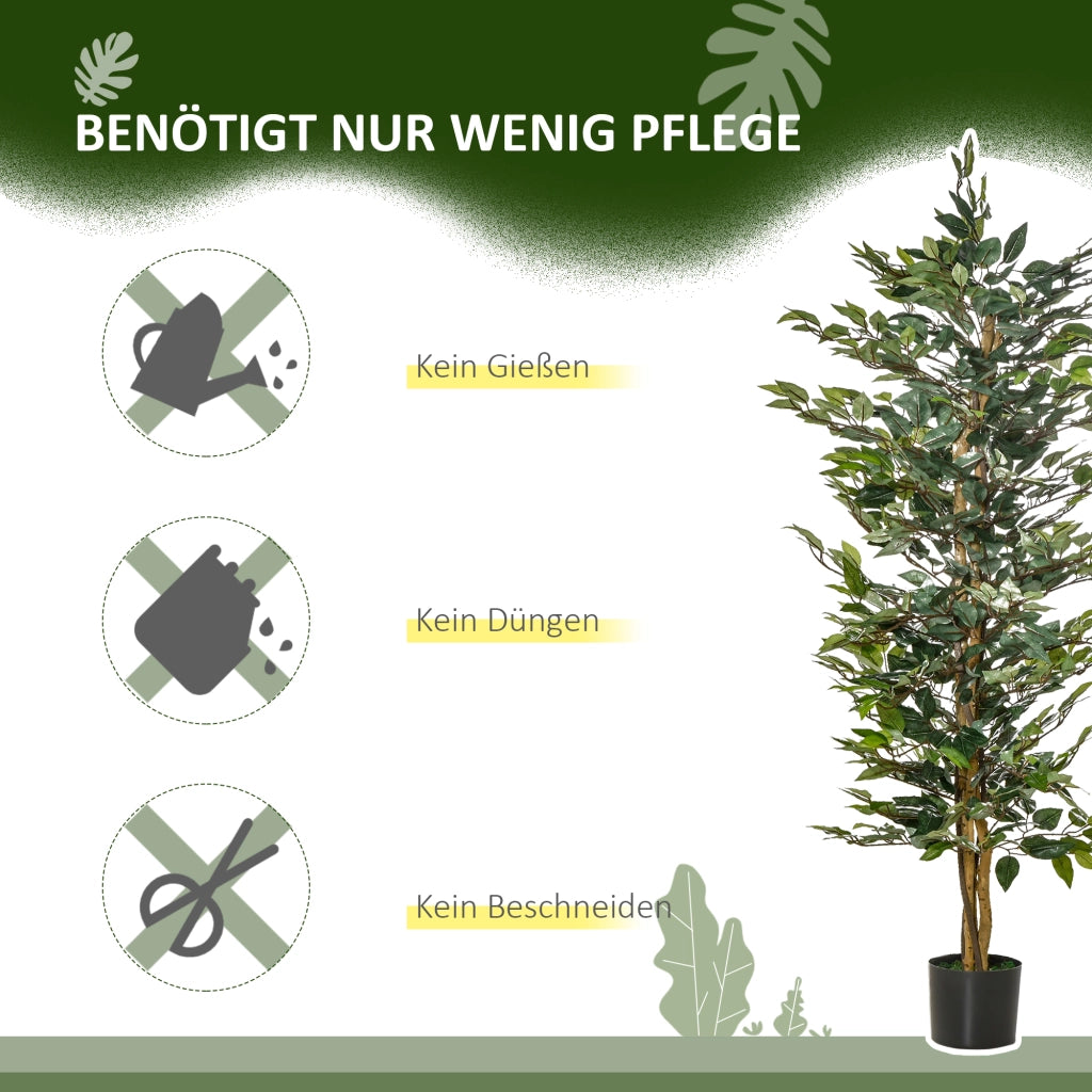 Ficus artificiale 150 cm con 1008 foglie, vaso nero e base in cemento per interni ed esterni