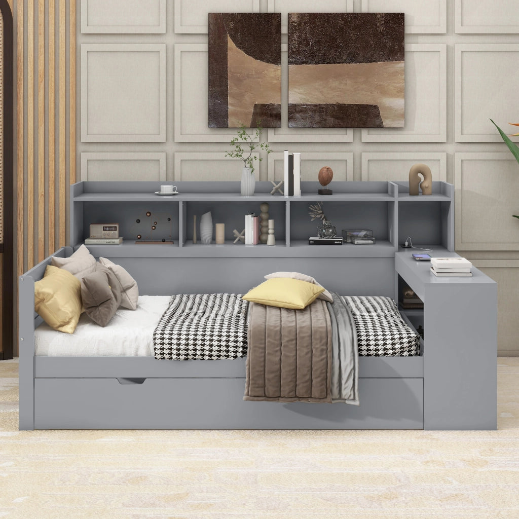 LETTO 90x200 cm con scrivania 2 cassetti USB e presa Grigio