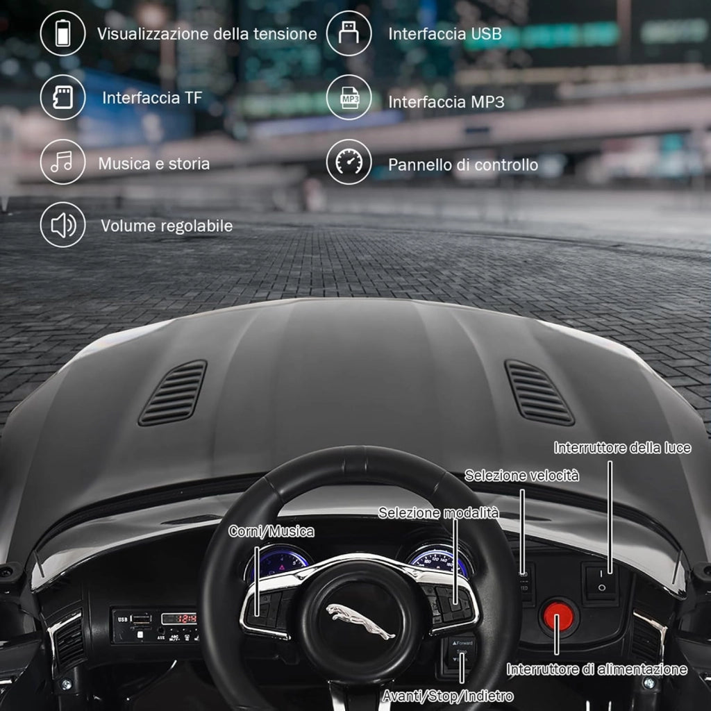 Jaguar Auto Elettrico 12 V per Bambini, Macchina Elettrica con Telecomando, con Luci Musica Storia, Avvio Lento, Velocità 3-5 km/h (Nero)