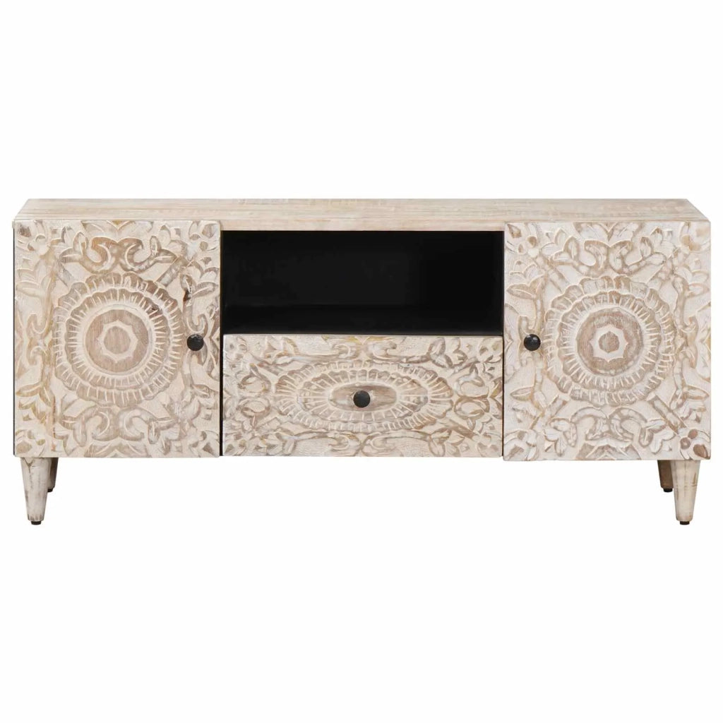 Mobile TV Bianco 105 x 33,5 x 46 cm Legno di mango massello 4018382