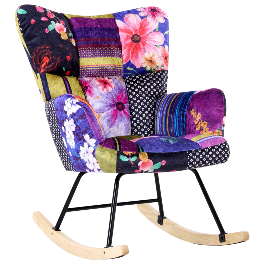 Sedia a dondolo Rivestimento in velluto multicolore Gambe in legno