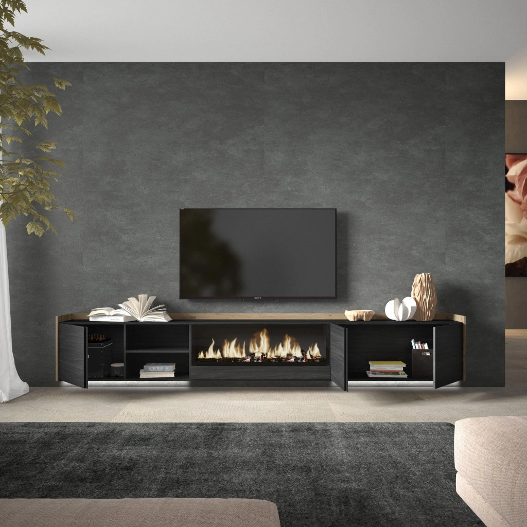 Mobile TV Soggiorno, 315x50x35 cm, Per TV fino a 80", Camino elettrico XXL, Sospeso, da appendere, LED, Nero e rovere