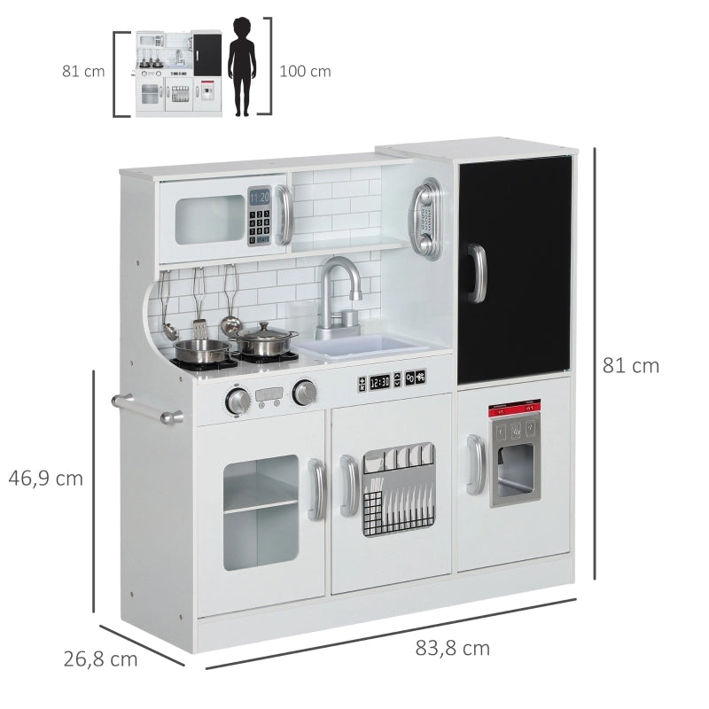 Cucina giocattolo per bambini in legno con lavello, microonde, piano cottura, lavagna e accessori, bianca