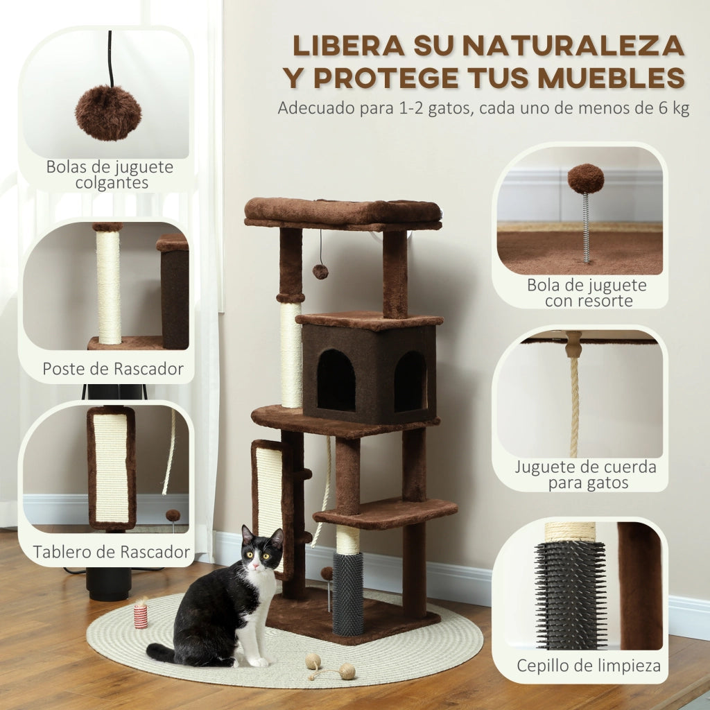 Albero tiragraffi per gatti con piattaforme, palo, spazzola, palline e cuscino ¨C zephmum ¨C 132 cm marrone