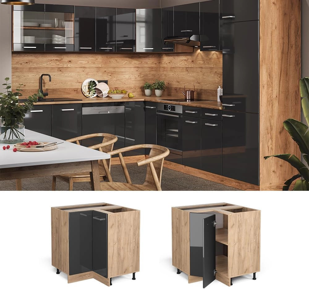 Mobile ad angolo cucina R-Line, Antracite lucido, 75.6 cm PL Marmo, per la libera combinazione all'interno di sistemi cucina modulari