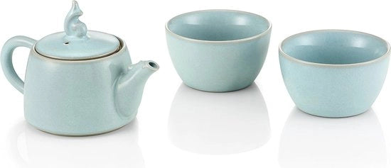 Tazza da Tè in Cotto con 2 Cucchiai - Blu Pastello 22.8x14.2x9 cm