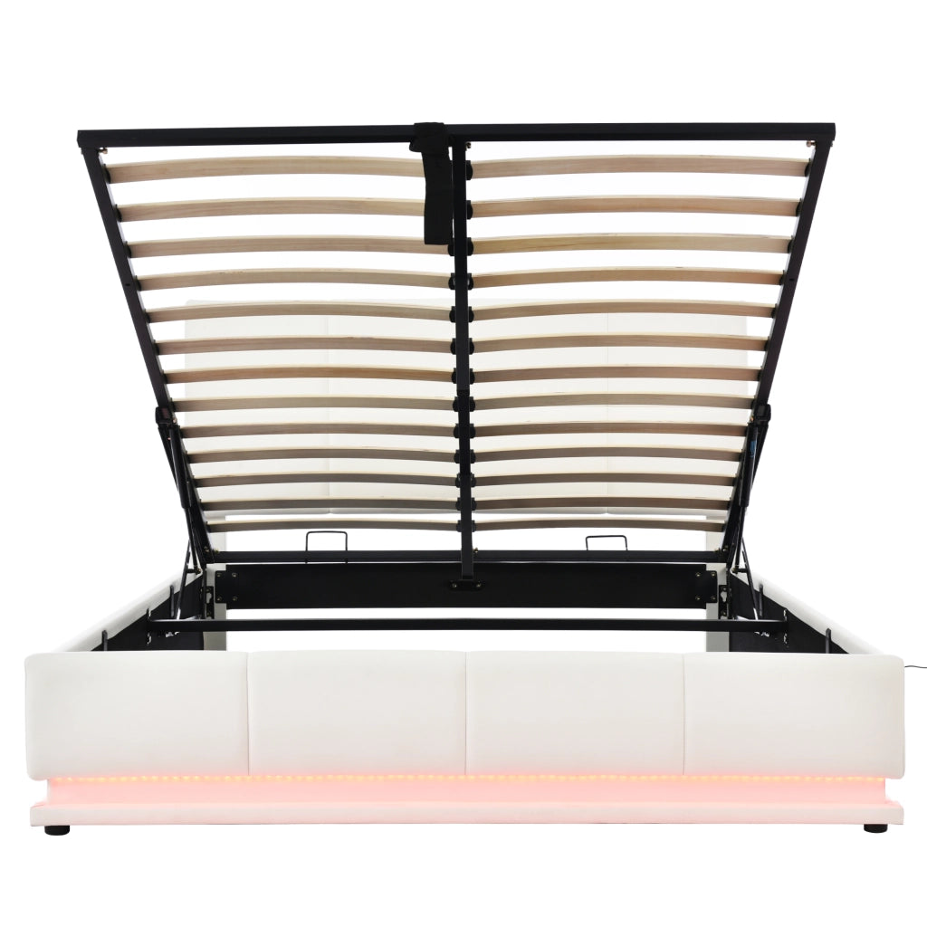 Letto Contenitore 160x200 cm Matrimoniale; LED e vano contenitore; in Pelle Bianca