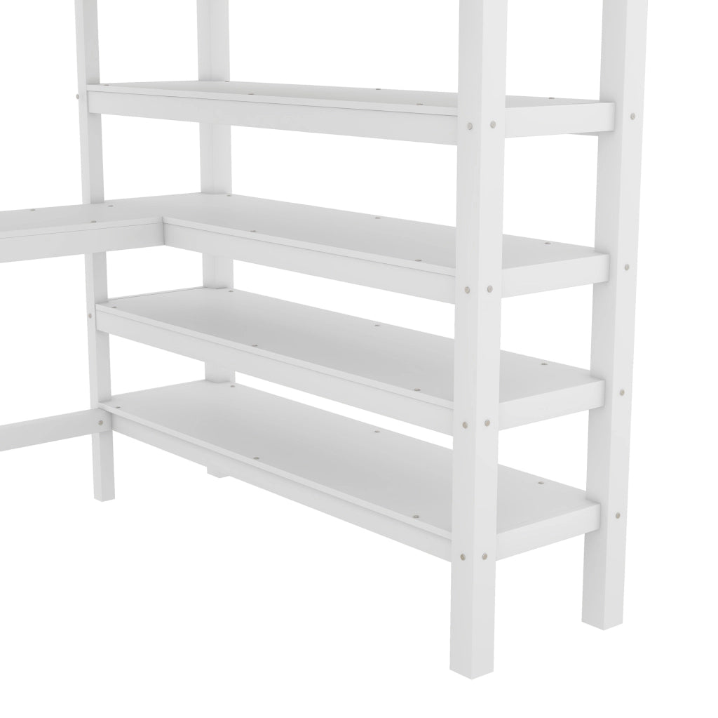 Letto a soppalco 140x200 con scrivania e scaffali, bianco