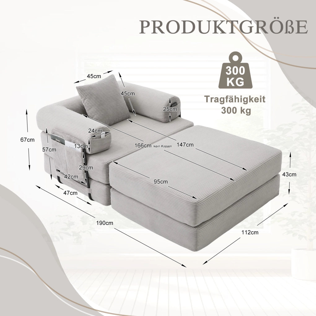 Divano modulare in velluto a coste con pouf grigio chiaro