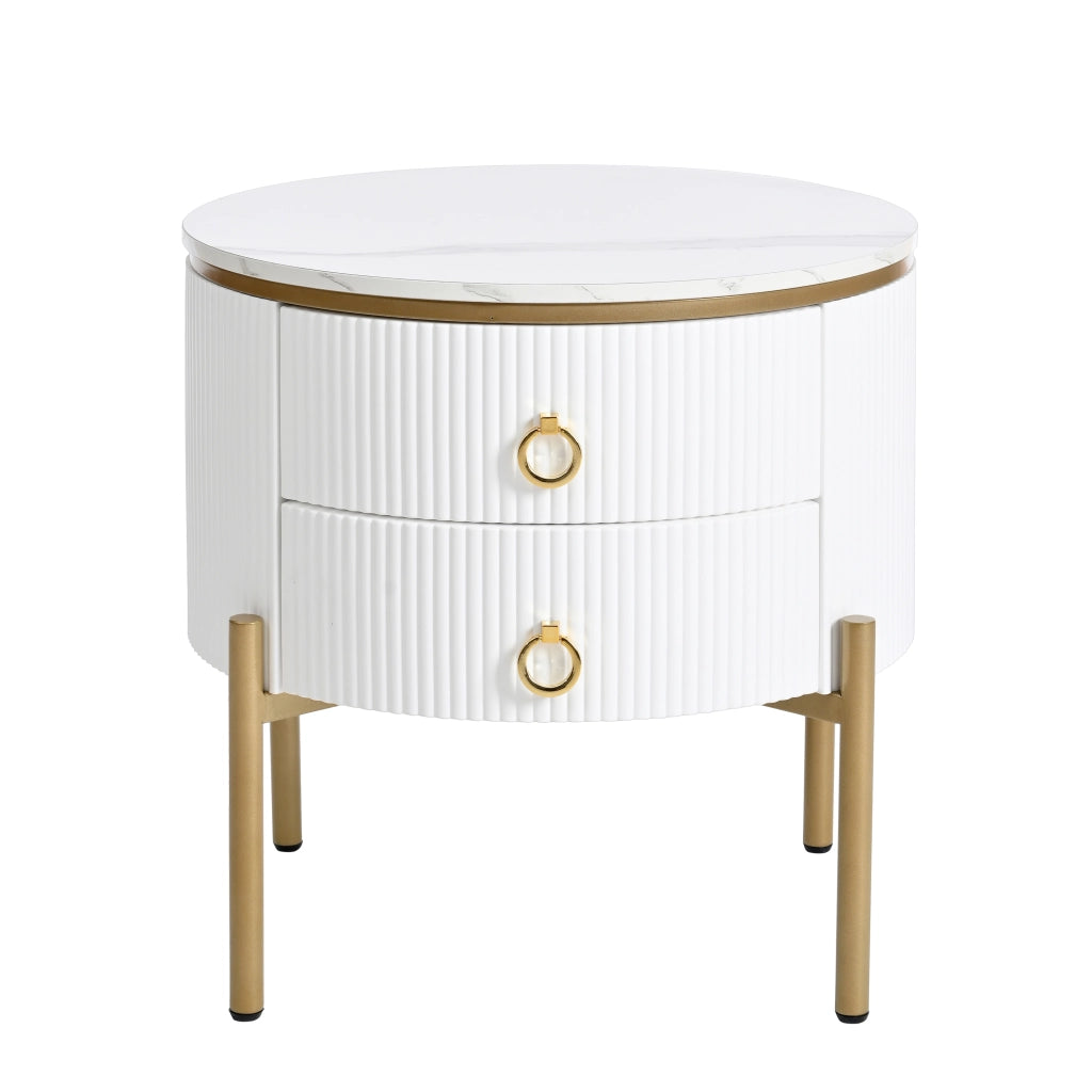 Tavolino da salotto con 2 Cassetti e Piedini Regolabili; Finitura Marmo per Soggiorno; in MDF; 50 × 50 × 51 cm; Bianco
