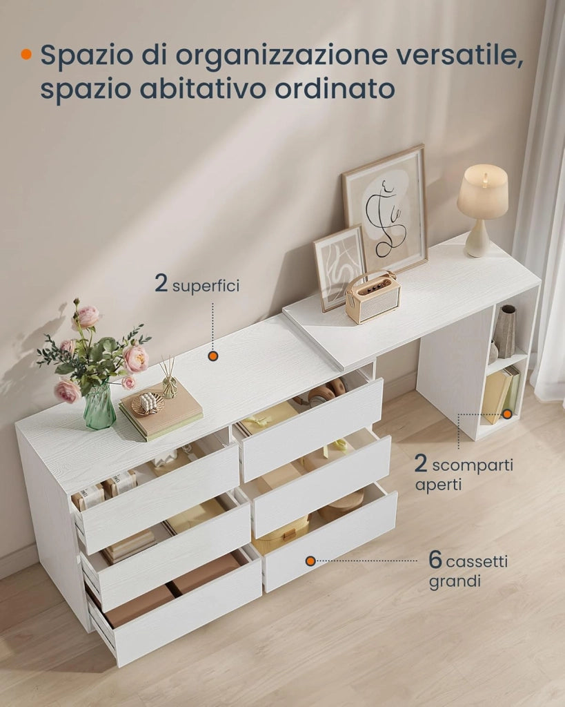 SONGMICS HOME Tavolo da Trucco, Montaggio Rapido Senza Attrezzi Toolless, Cassettiera, Armadio con Scaffale, Affiancati o a Forma di L, per Camera da Letto, Studio, Bianco Neve LTS656W01