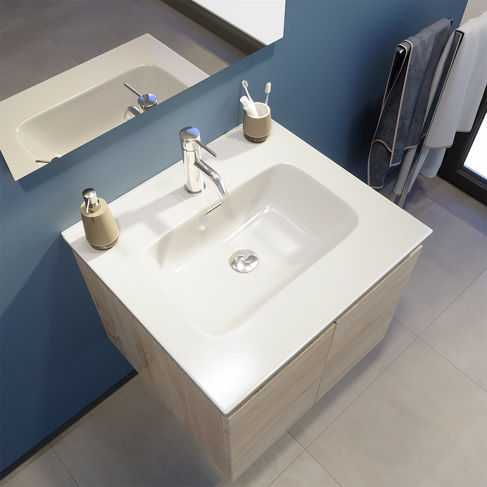 Mobile bagno sospeso 70 cm due ante rovere chiaro lavabo e specchio | Yili