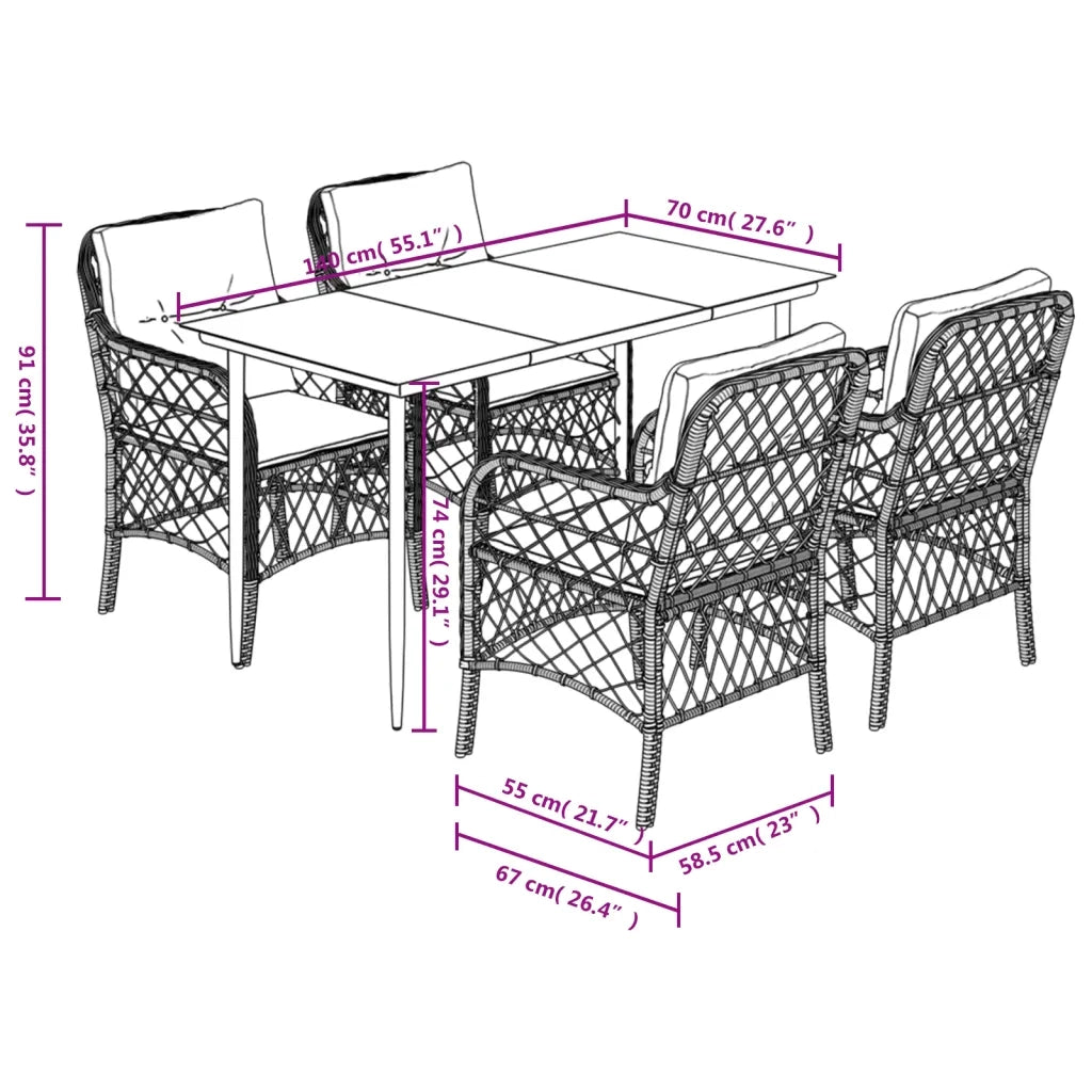 Set da Pranzo da Giardino 5 pz Nero con Cuscini in Polyrattan