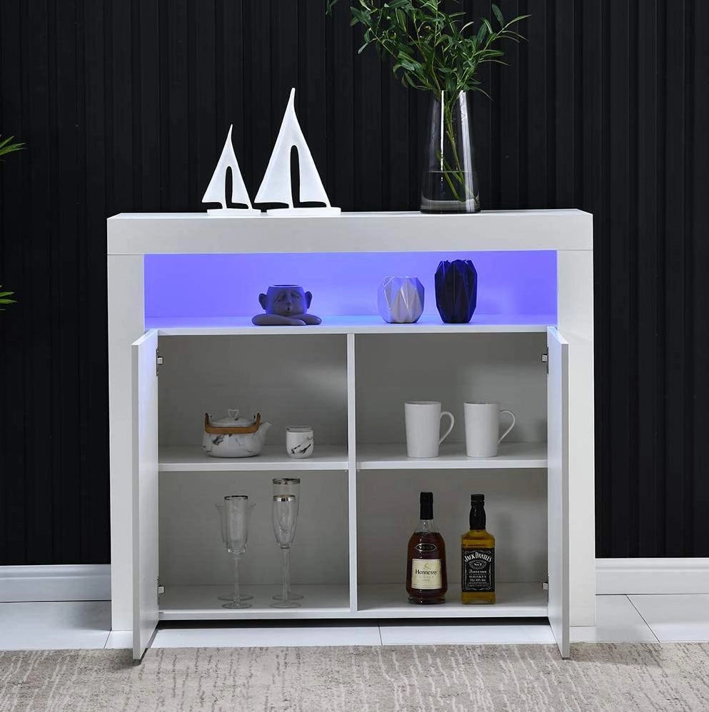 Credenza bianca con LED, 2 ante e vano a giorno