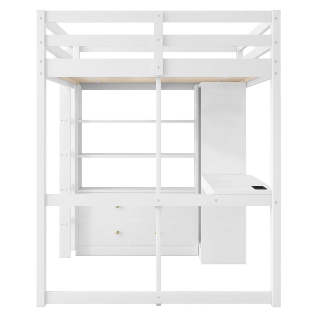 Letto a soppalco 140 × 200 cm con scrivania, 2 cassetti, ripiani, LED e USB in legno e MDF, bianco