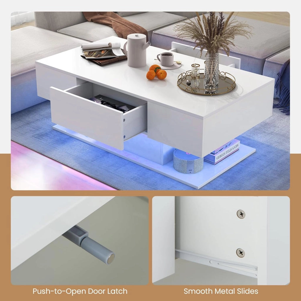 Tavolino con LED, tavolino da caffè con 2 cassetti, luci LED regolabili in 20 colori e telecomando, regolabile a 2 nevi, per soggiorno, ufficio (bianco)